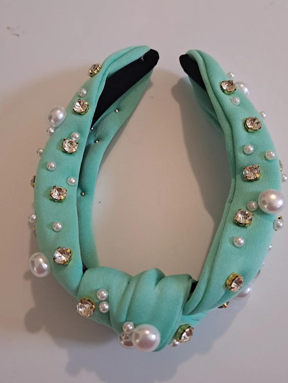 Light Green Faux Pearl & Rhinestone Knotted Headband - Wide, Solid Color